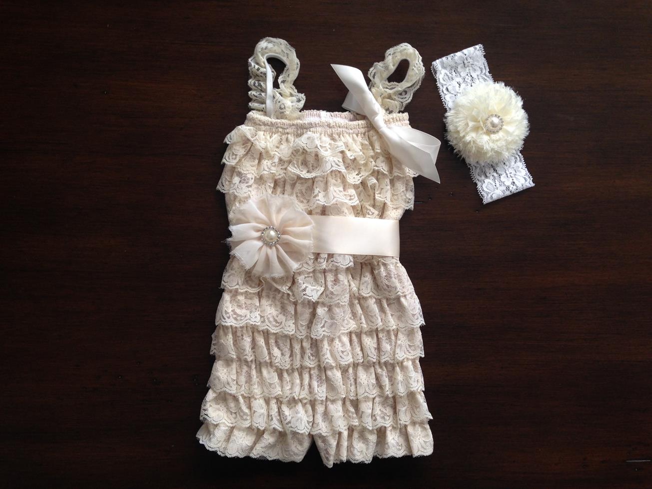 Ivory Baby Romper with Headband & Sash