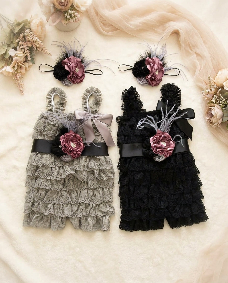 Smoky Gray Baby Lace Romper with Headband & Sash, Black Baby Lace Romper