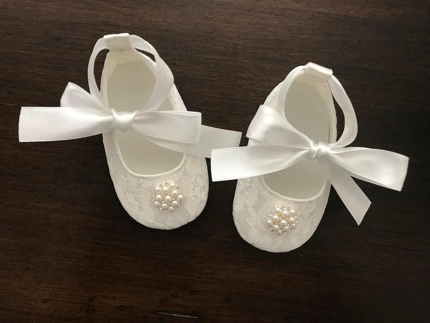 French White Baby Girl Baptism Shoes with Pearls & Rhinestones