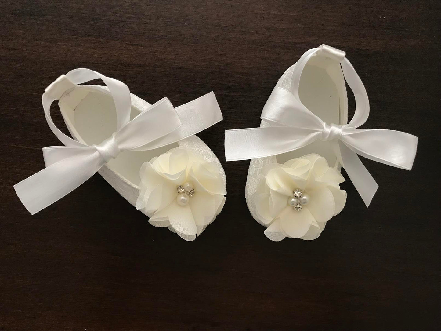 White Christening Shoes with Flowers, Pearls & Rhinestones