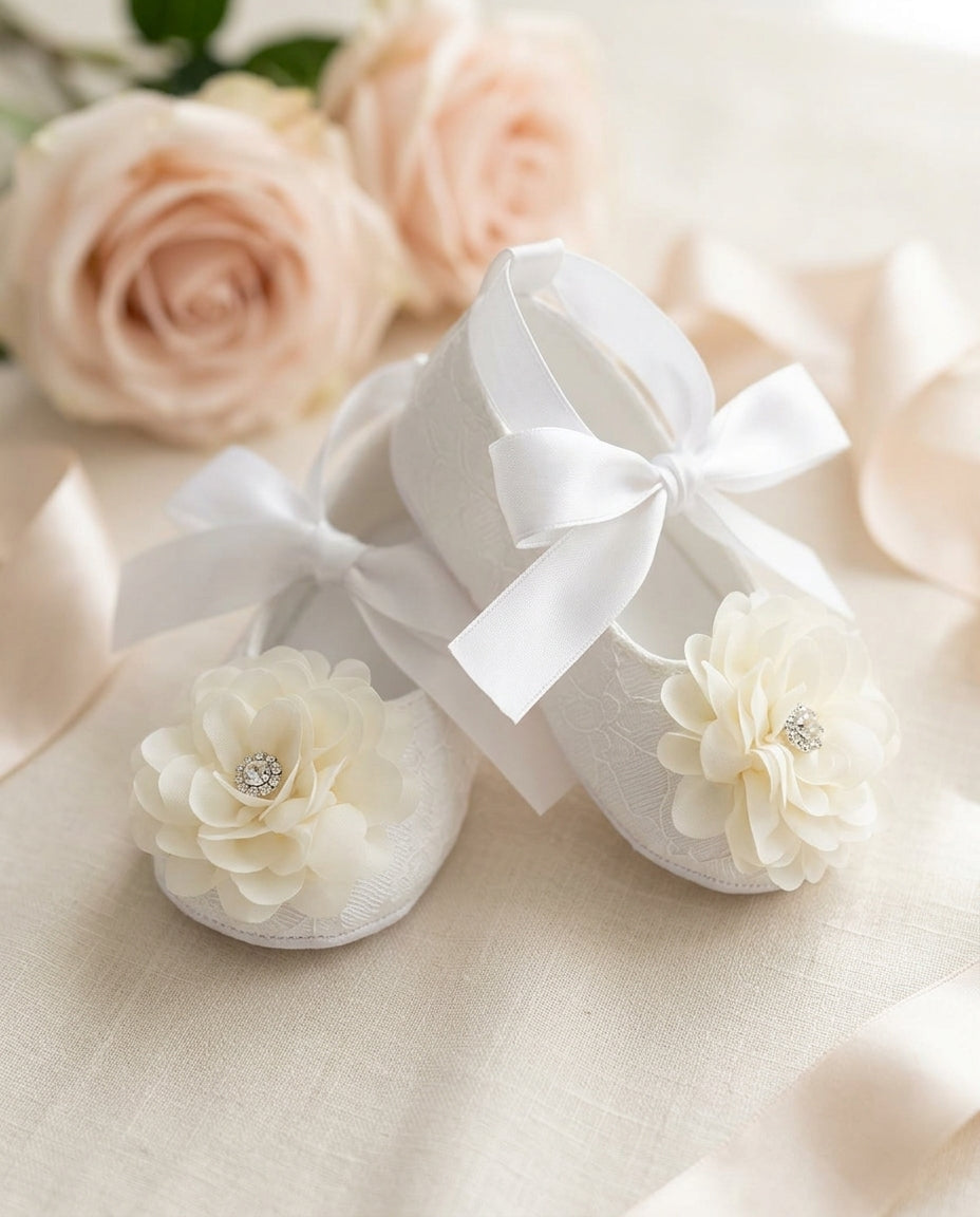 French White Baptism Shoes for Girls with Ivory Flowers and Rhinestones