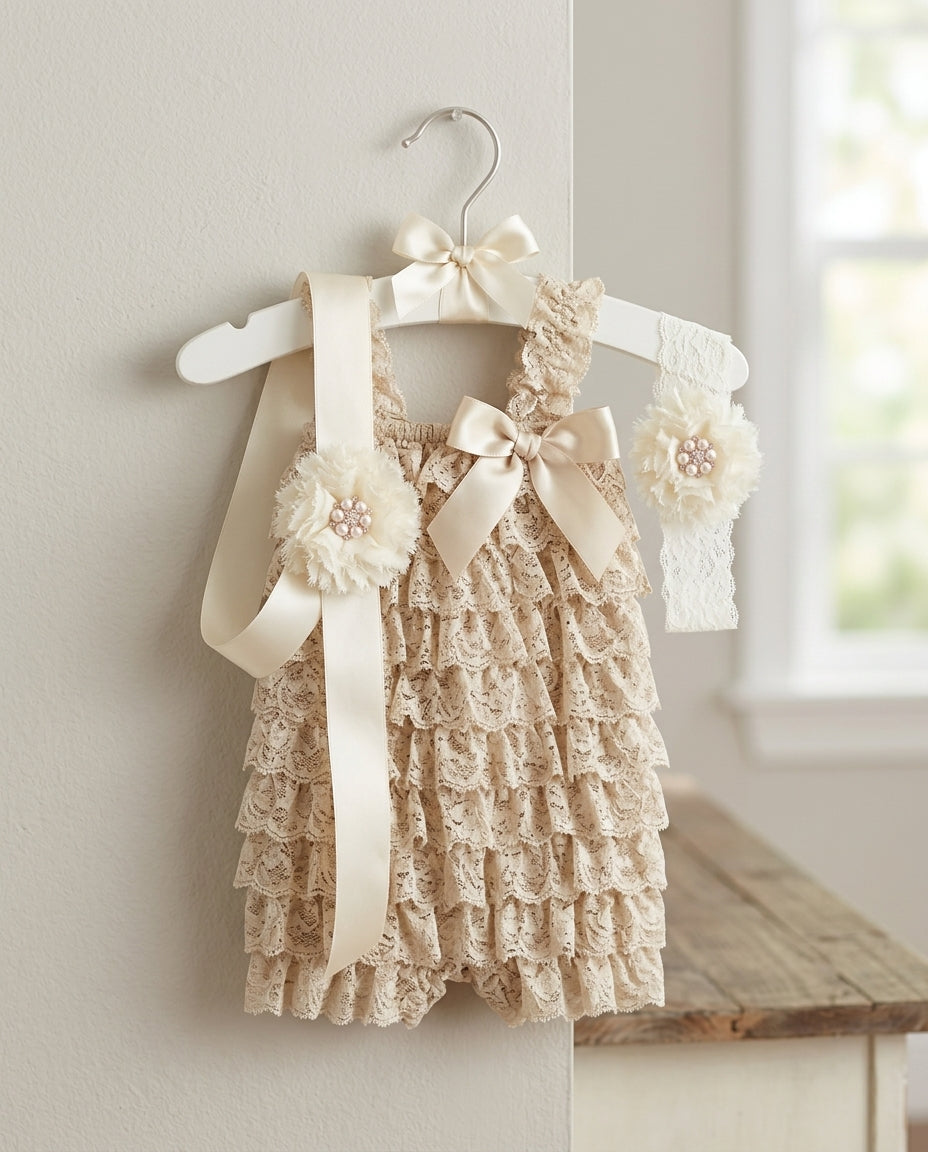Baby Lace Romper with Ivory Headband and Sash Set