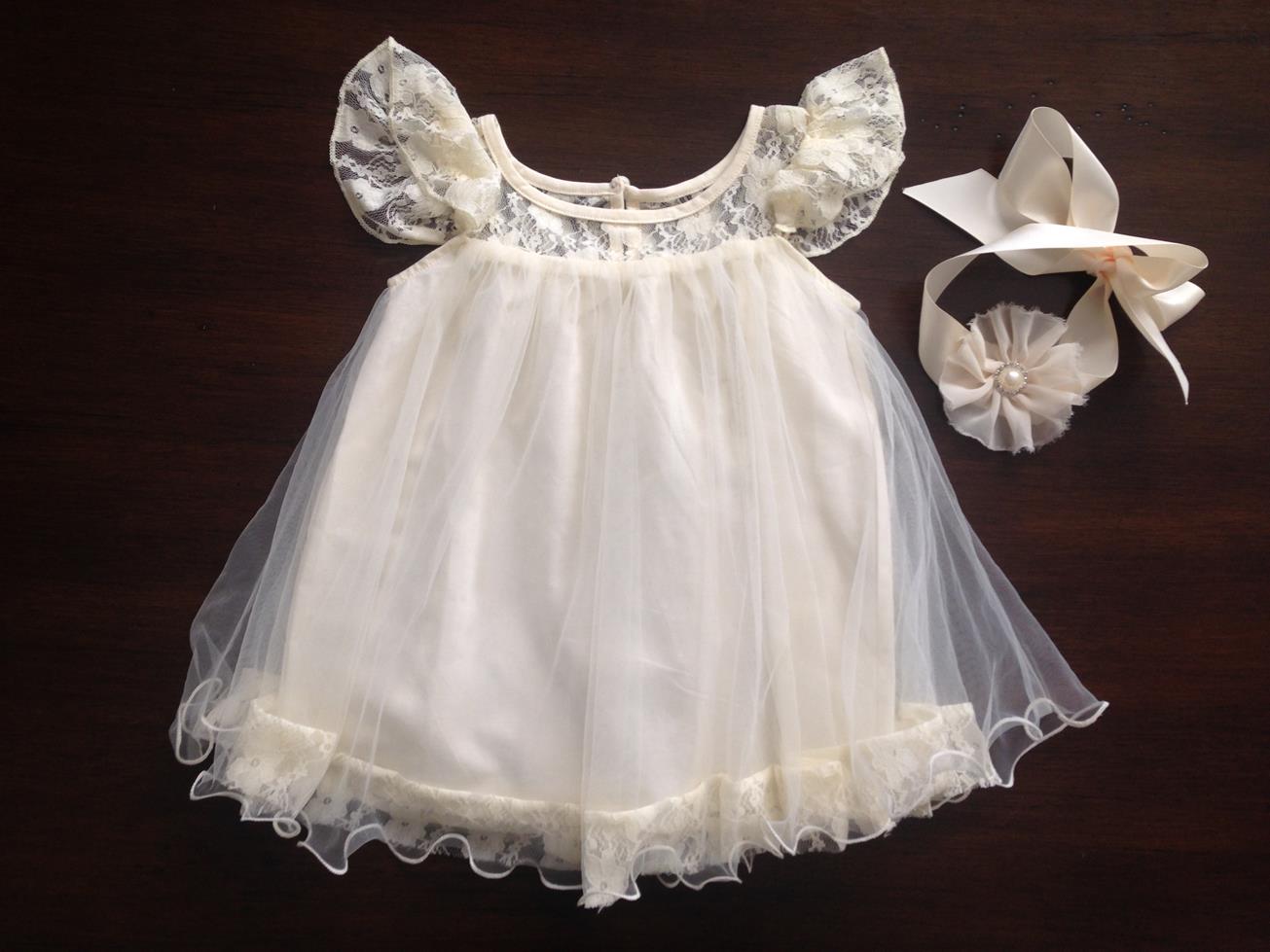 Vintage Ivory Butterfly Baby Girl Dress with Flower Sash
