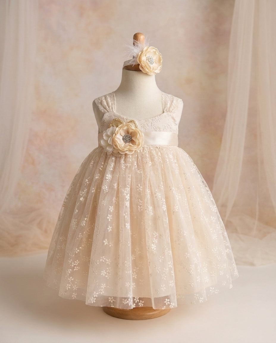 Vintage Cream Baptism Tulle Dress with Headband and Sash