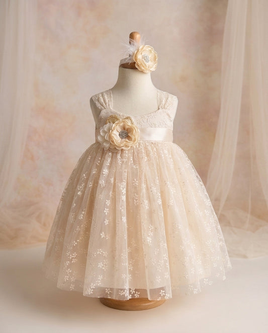 Vintage Cream Baptism Tulle Dress with Headband and Sash