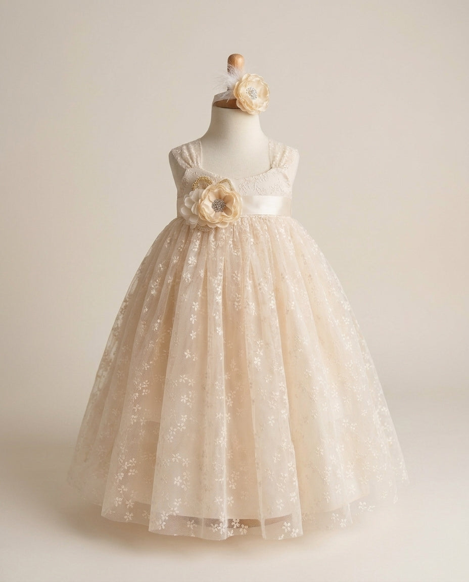 Vintage Cream Baptism Tulle Dress with Headband and Sash