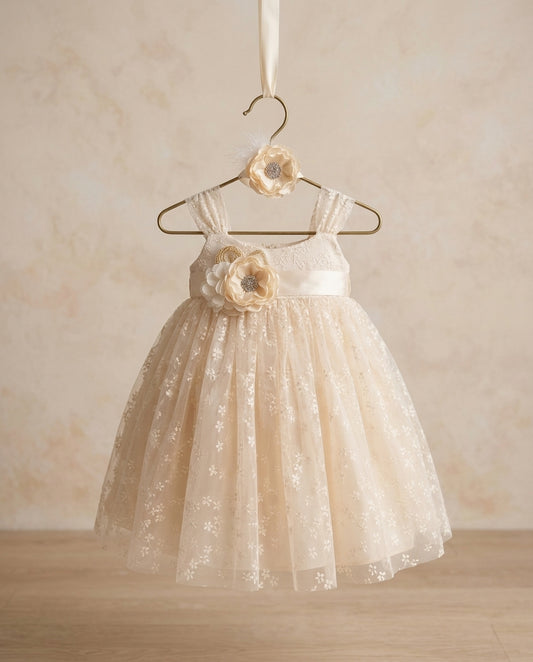Vintage Cream Baptism Tulle Dress with Headband and Sash