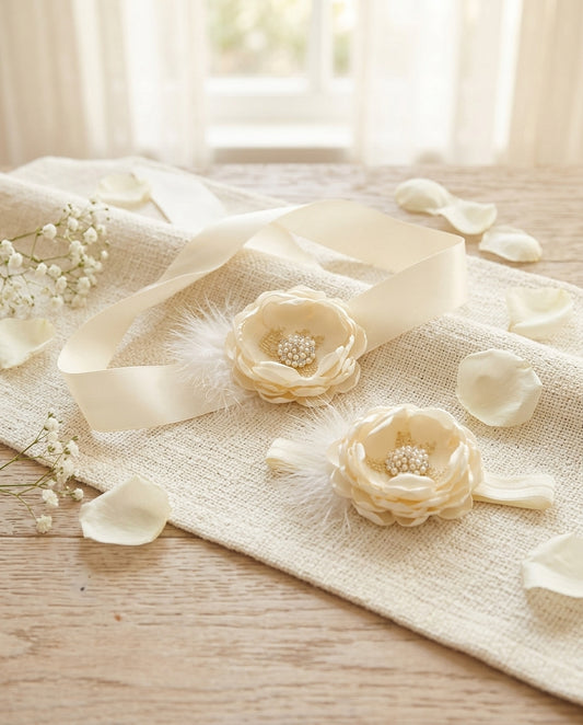 Vintage Cream Flower Baptism Headband & Sash
