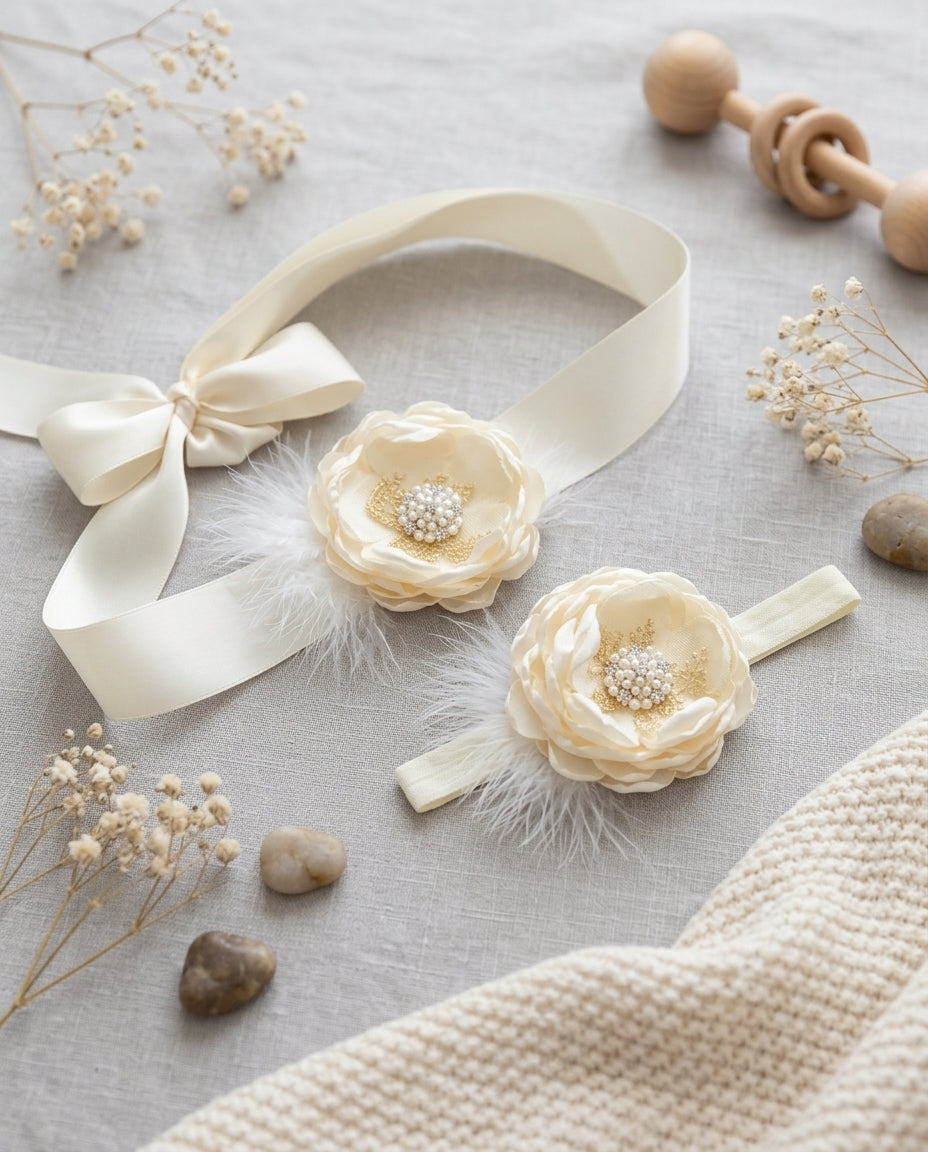 Vintage Cream Flower Baptism Headband & Sash