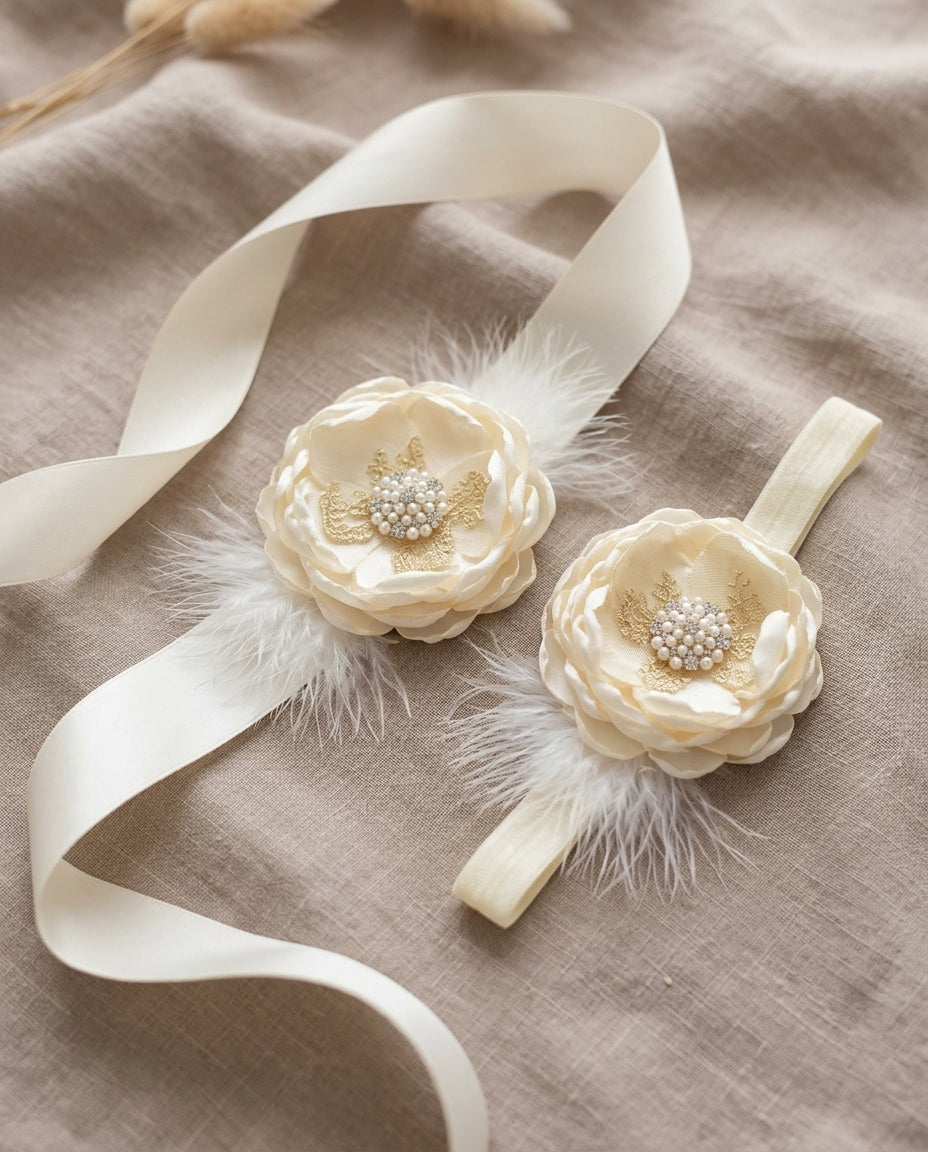 Vintage Cream Flower Baptism Headband & Sash