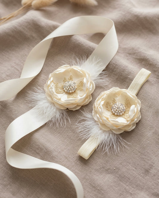 Vintage Cream Flower Baptism Headband & Sash