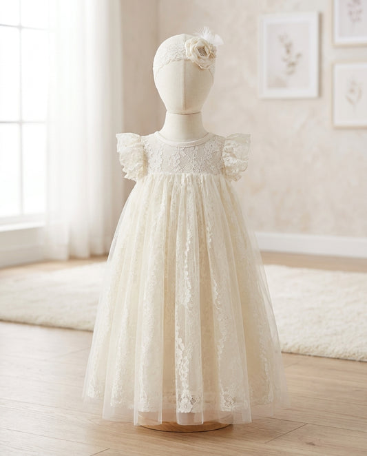 Vintage Cream Lace Christening Dress with Headband