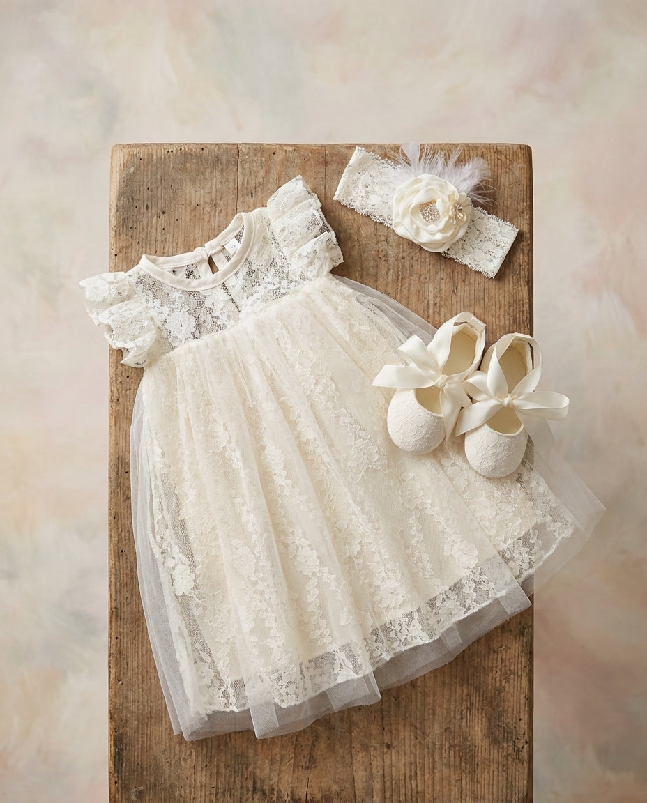 Vintage Cream Lace Christening Dress with Headband 7 / French Ivory/Vintage Rose Vintage Cream Lace Christening Dress with Headband 7 / French Ivory/Vintage Rose