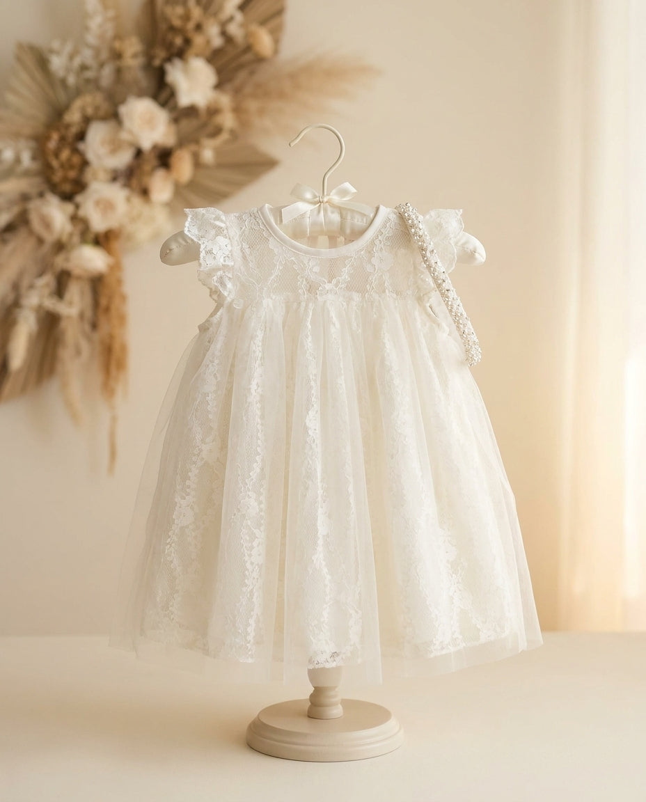 Vintage Cream Lace Christening Dress with Headband