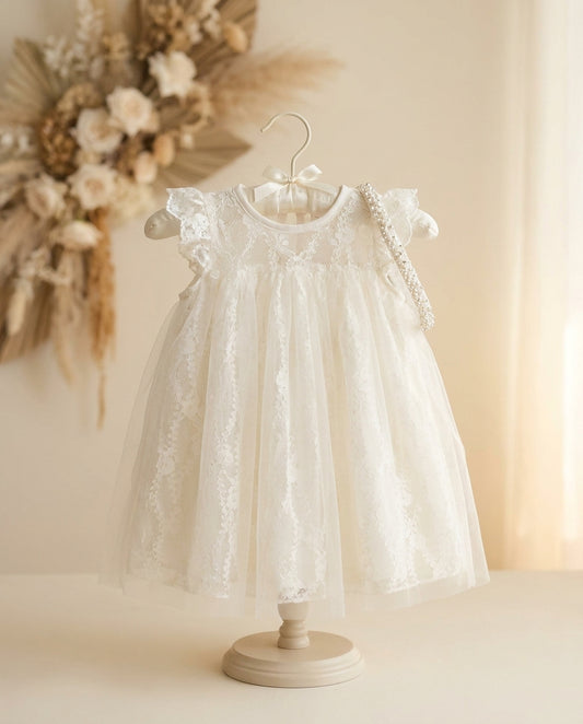 Vintage Cream Lace Christening Dress with Headband