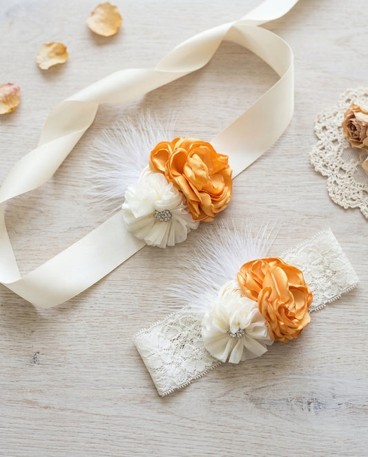 Vintage Gold and Ivory Flower Girl Headband & Sash
