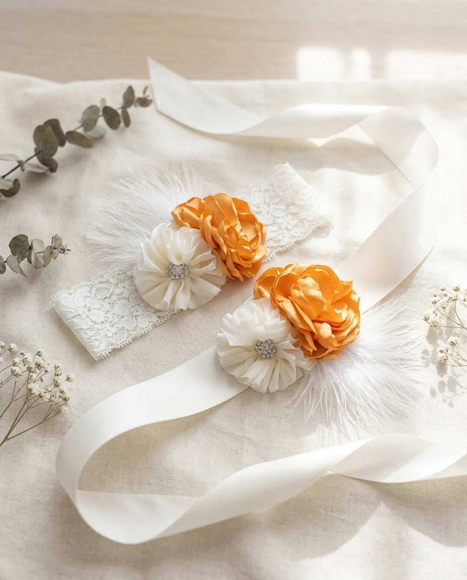 Vintage Gold and Ivory Flower Girl Headband & Sash