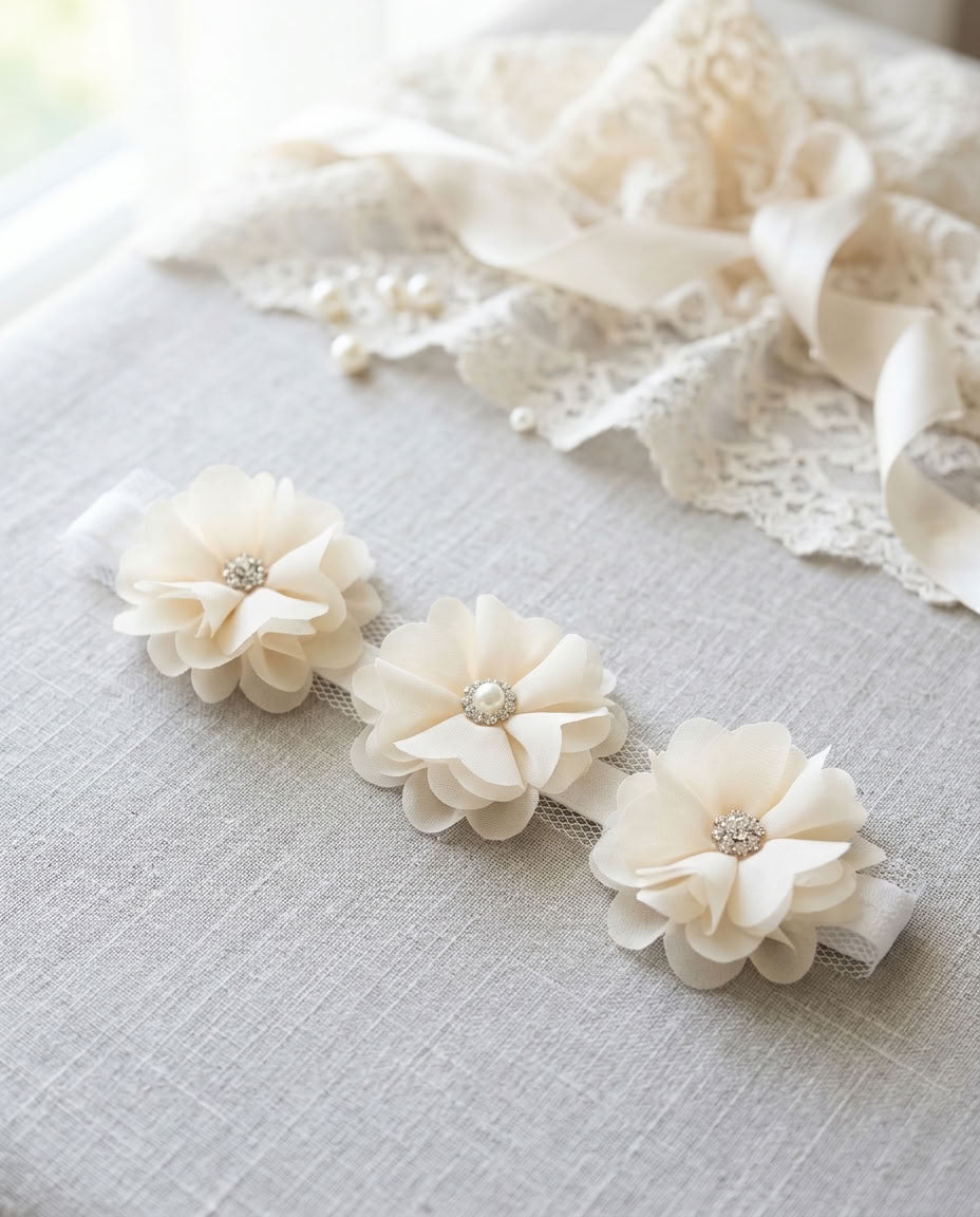 Vintage Ivory Baptism Flower Headband with Rhinestones