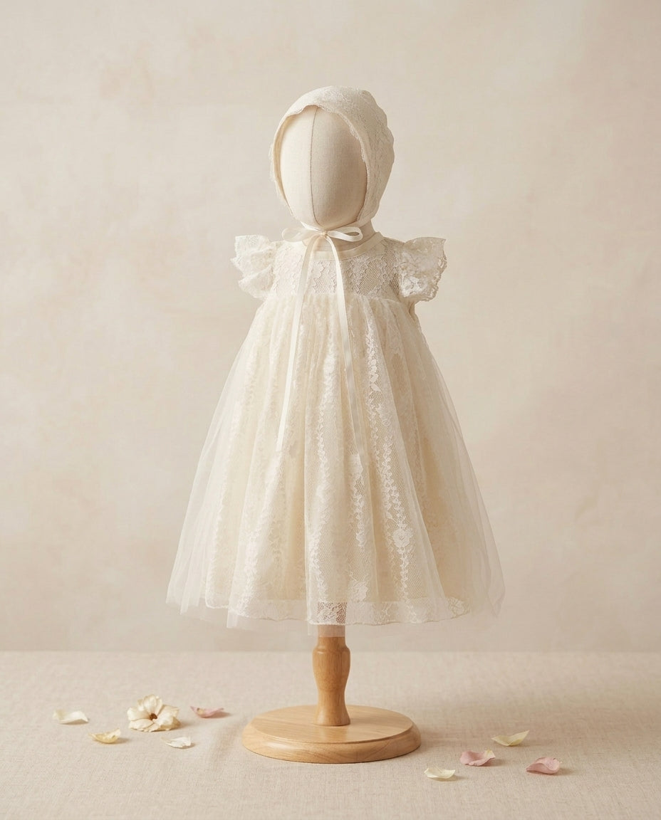 Vintage Ivory Lace Baptism Dress with Baptism Lace Bonnet