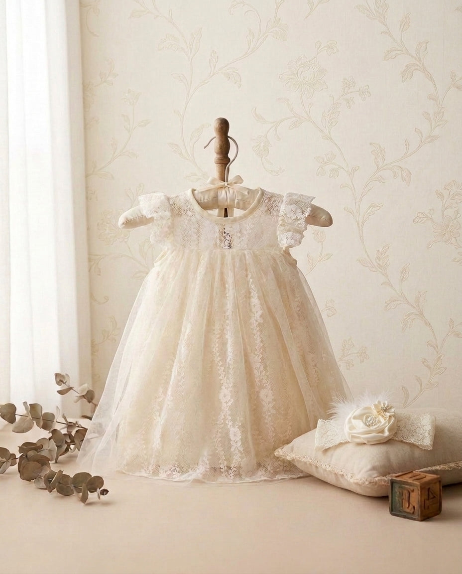 Vintage Ivory Lace Baptism Dress with Baptism Lace Bonnet
