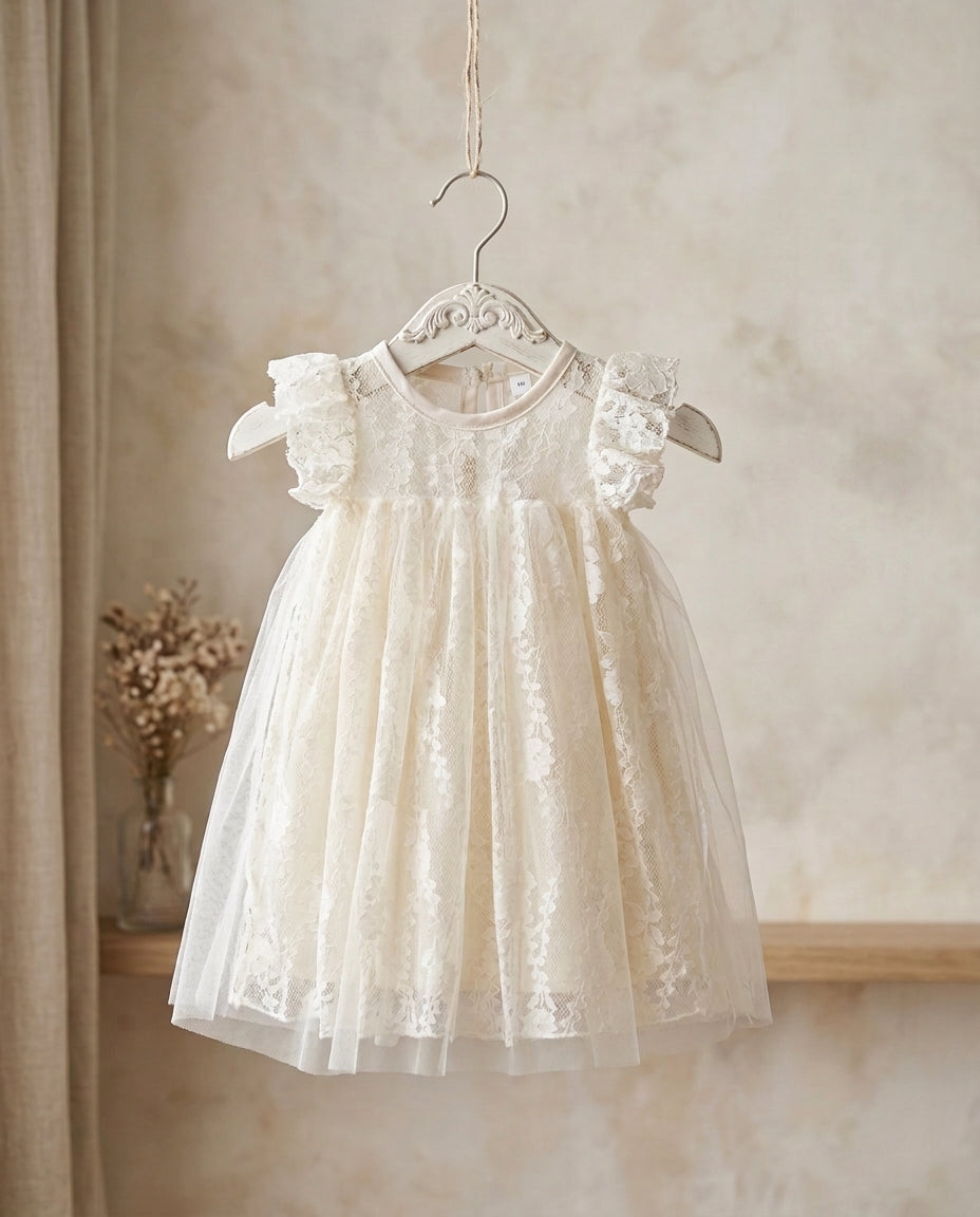 Vintage Ivory Lace Christening Dress with Fluttered Sleeves
