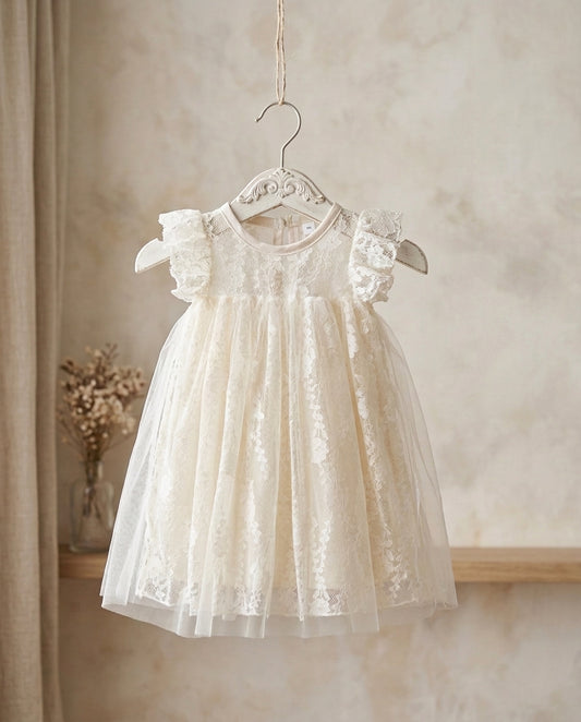 Vintage Ivory Lace Christening Dress with Fluttered Sleeves