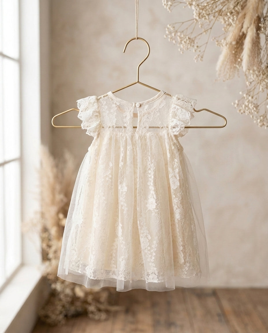 Vintage Ivory Lace Christening Dress with Fluttered Sleeves