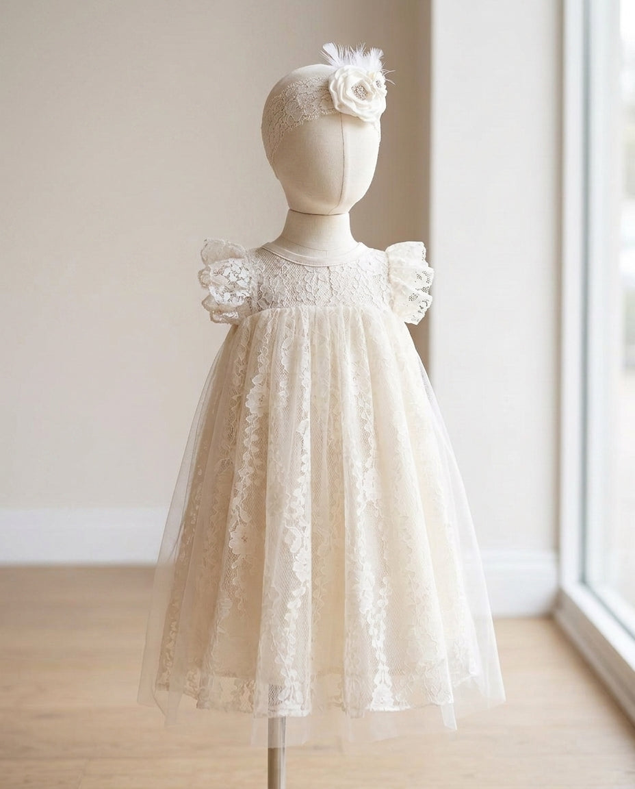 Vintage Ivory Lace Christening Dress with Fluttered Sleeves