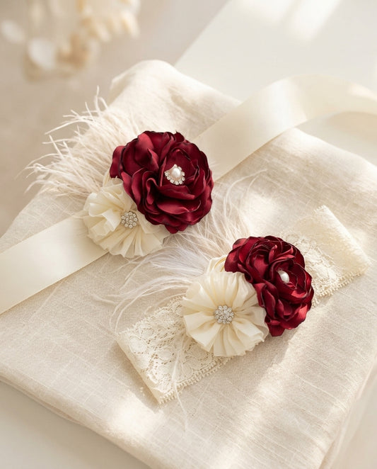 Vintage Red and Ivory Flower Girl Headband & Sash