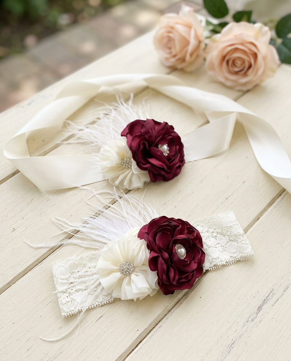 Vintage Red and Ivory Flower Girl Headband & Sash