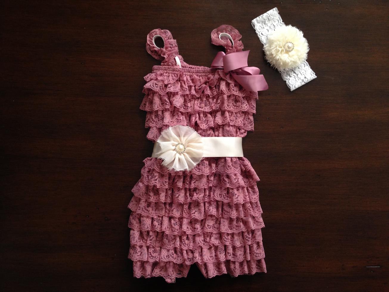 Ivory Baby Romper with Headband & Sash