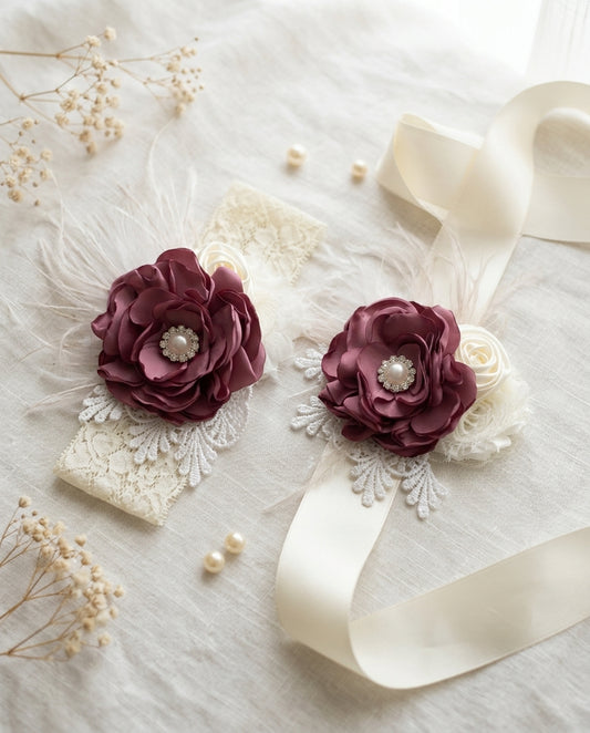 Vintage Rose & Ivory Christening Headband, Sash, and Barefoot Sandals