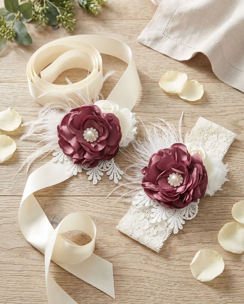 Vintage Rose & Ivory Christening Headband, Sash, and Barefoot Sandals