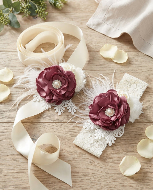 Vintage Rose & Ivory Christening Headband, Sash, and Barefoot Sandals