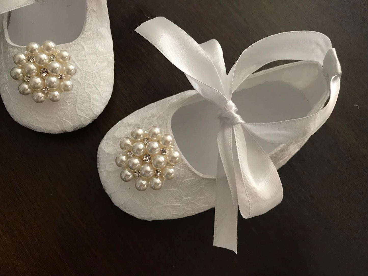 French White Baby Baptism Shoes with Pearl Rhinestones, Baby Ivory Baptism Shoes