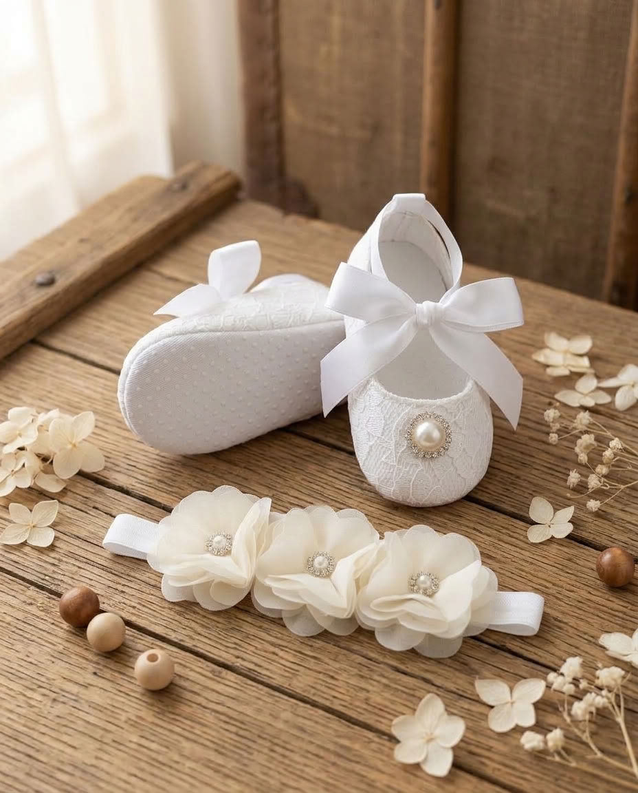 French White Baby Girl Baptism Shoes & Floral Headband Set