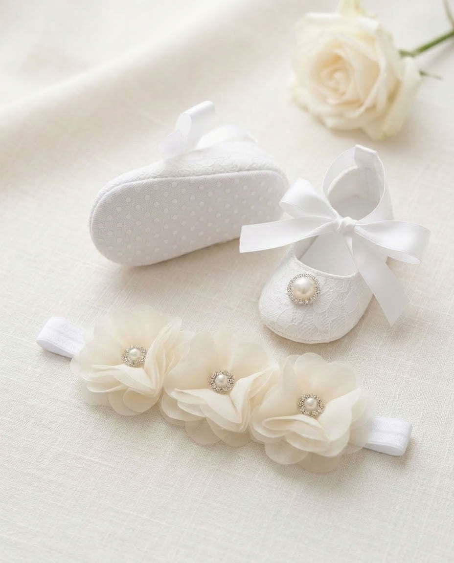 French White Baby Girl Baptism Shoes & Floral Headband Set