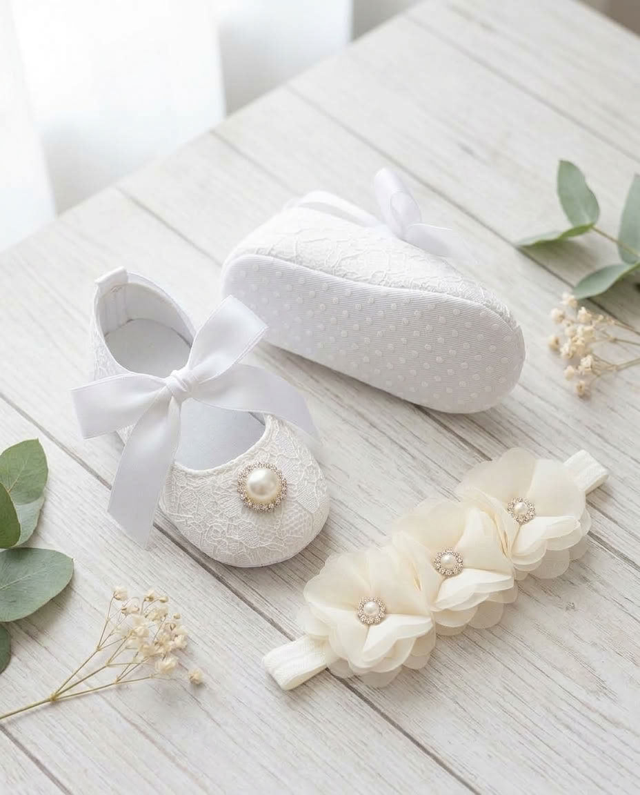 French White Baby Girl Baptism Shoes & Floral Headband Set