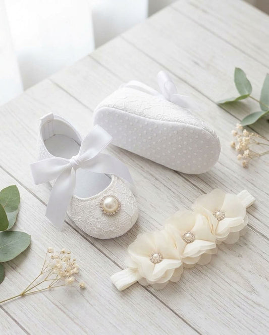 French White Baby Girl Baptism Shoes & Floral Headband Set