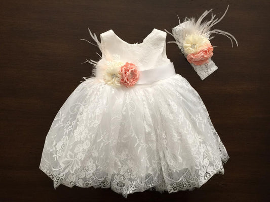 White Baby Lace Baptism Dress with Headband and Sash