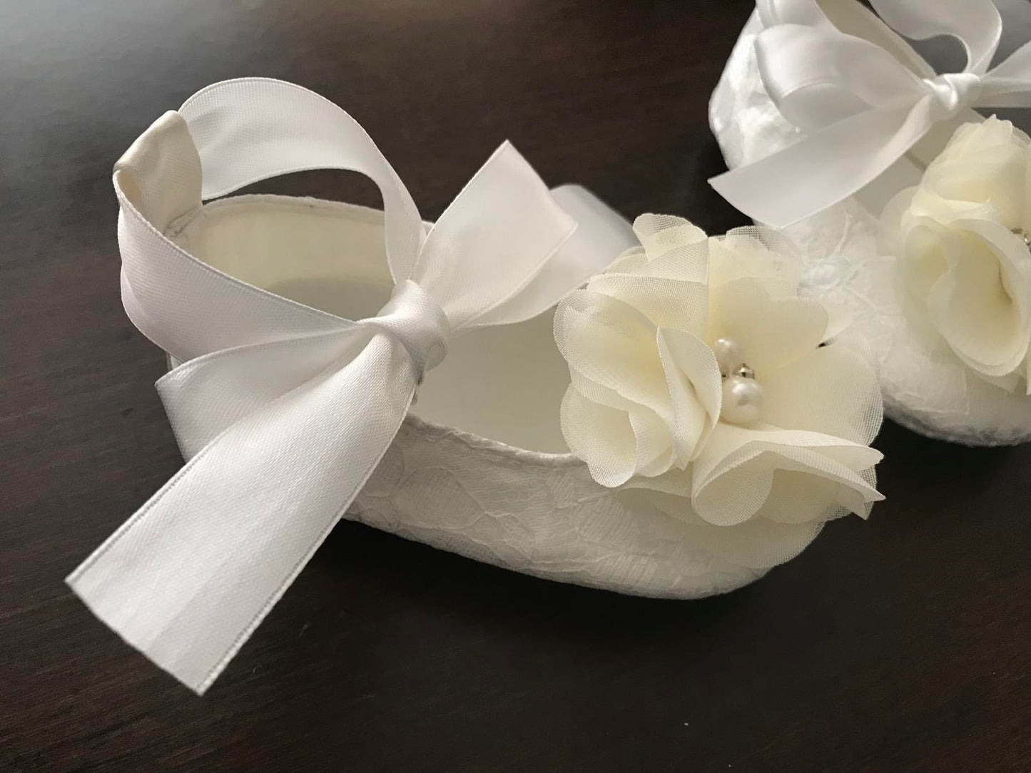 White Christening Shoes with Flowers, Pearls & Rhinestones