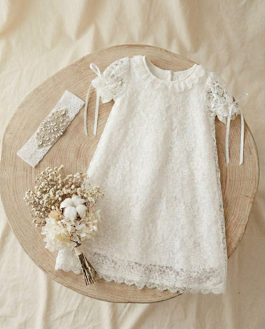 White Lace Christening Dress and Rhinestone Headband, Belle Baptism Dress