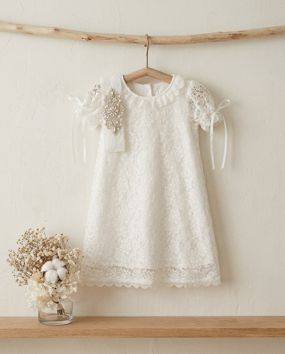 White Lace Christening Dress and Rhinestone Headband, Belle Baptism Dress