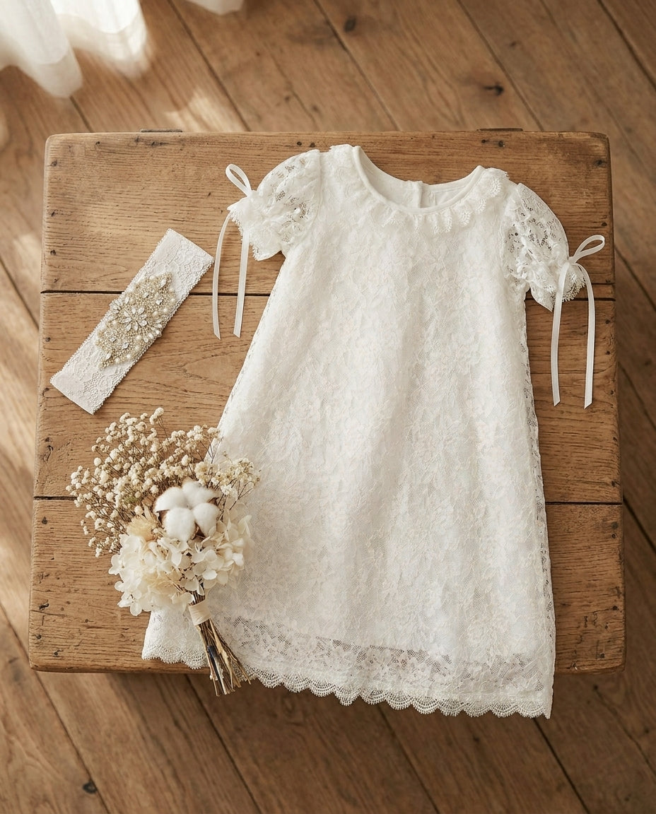 White Lace Christening Dress and Rhinestone Headband, Belle Baptism Dress