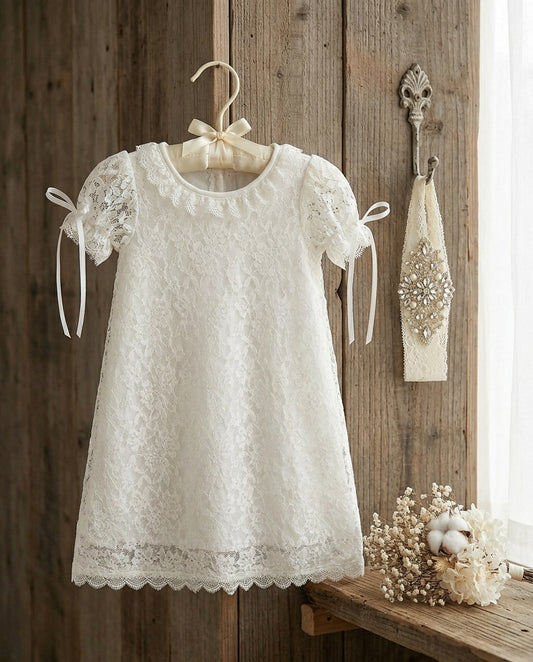 White Lace Christening Dress and Rhinestone Headband, Belle Baptism Dress