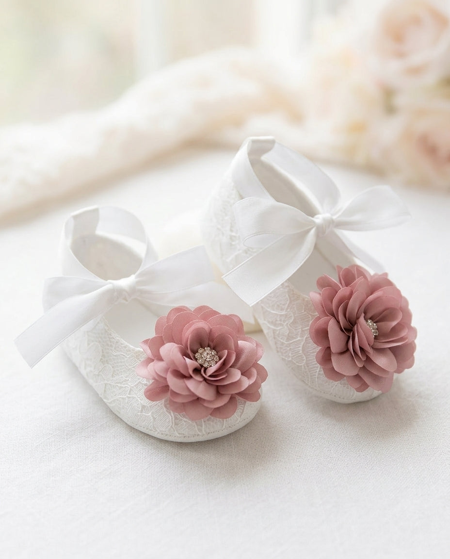 White Baby Girl Baptism Shoes with Dusty Rose Flowers