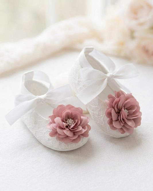 White Baby Girl Baptism Shoes with Dusty Rose Flowers