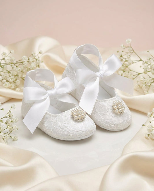 French White Baby Girl Baptism Shoes with Pearls & Rhinestones