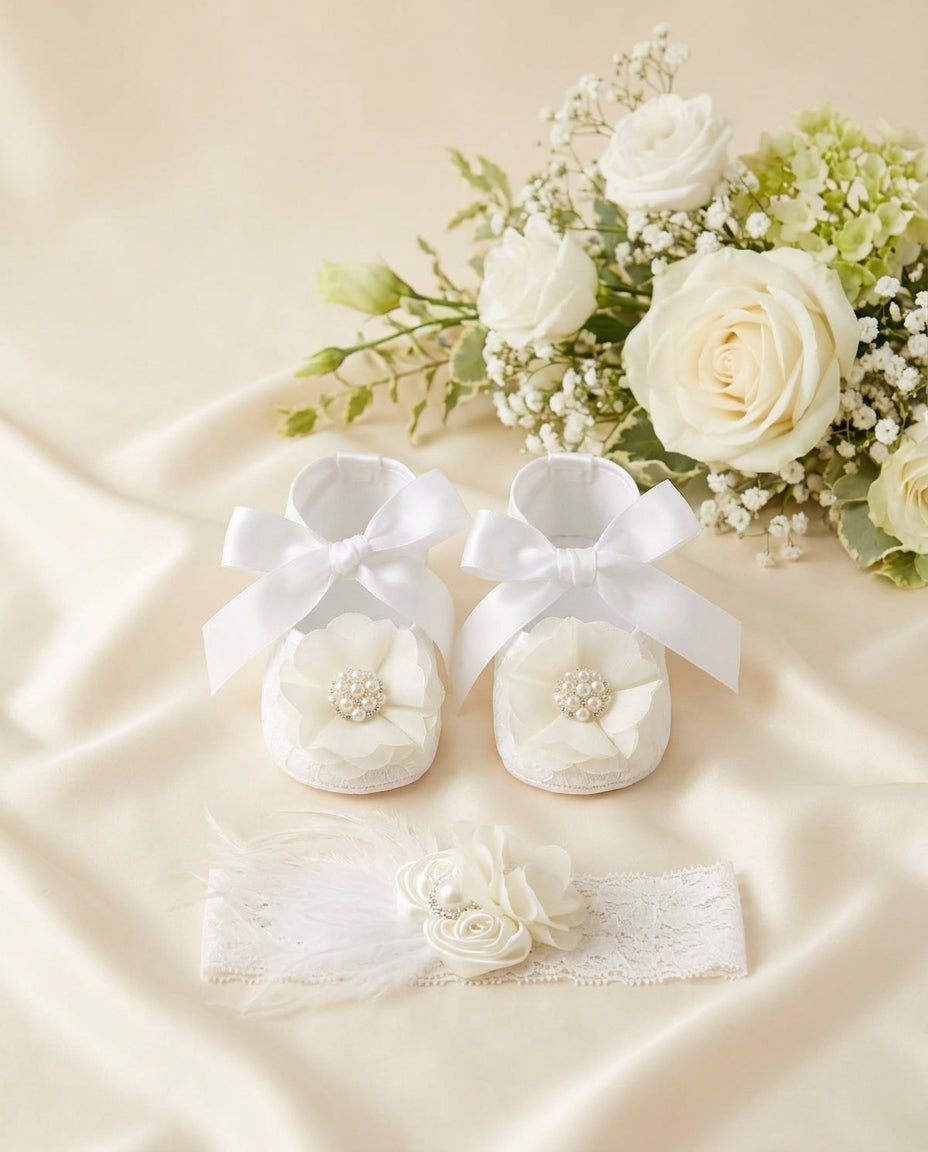 White Baby Girl Christening Shoes & Ivory Flower Headband Set