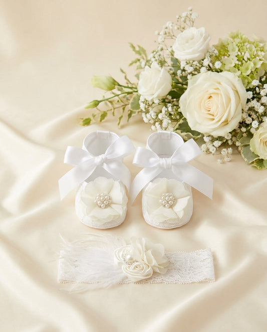 White Baby Girl Christening Shoes & Ivory Flower Headband Set